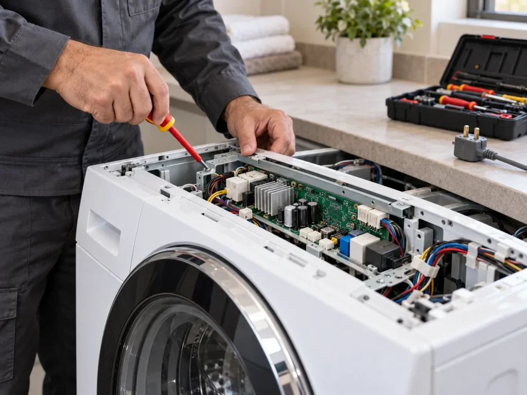 Technician working on an automatic washing machine control panel