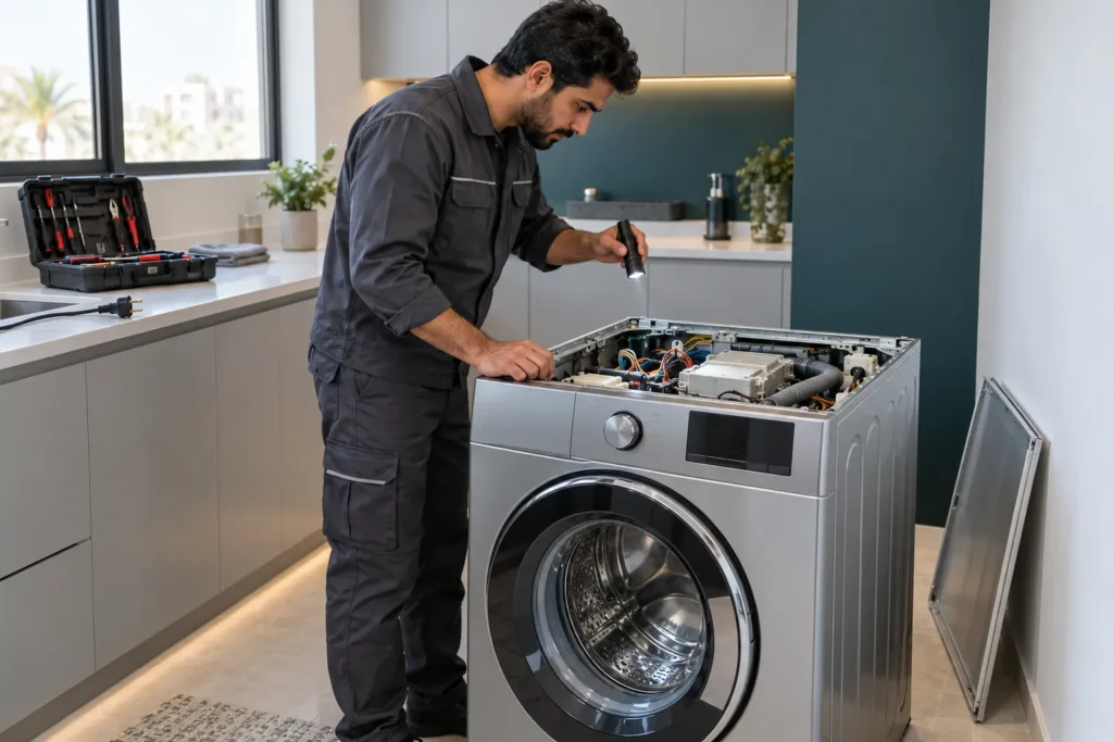 Technician inspecting the internal components of a front-load washing machine